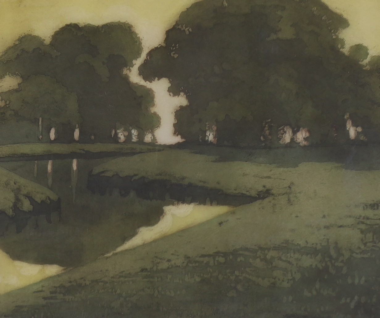 Harold Gallén, colour lithograph, River landscape, signed in pencil and dated 1960, overall 53 x 62cm
